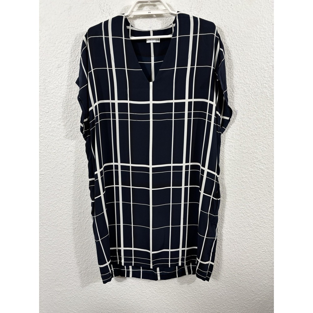 Vince Dress Womens Small Navy Blue Silk Windowpane Plaid Tunic Oversized Top
